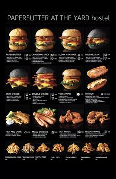 a poster with different types of food on it's black background, including hamburgers and