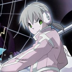 an anime character with headphones sitting in front of a spider net and looking at the camera