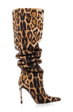 A jewel-encrusted upper and slouchy shaft create visual intrigue on a showstopping boot balanced by a pointy toe and stiletto heel. Pull-on style Synthetic upper, lining and sole Imported Asian & Pacific Islander Owned/Founded Wild Thoughts, Leopard Print Boots, Pacific Islander, Cute Shoes Heels, Azalea Wang, Animal Print Fashion, Pointed Toe Boots, Knee Boot, Boot Print