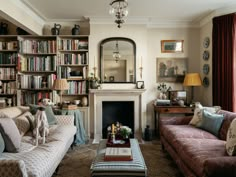 a living room filled with lots of furniture and bookshelves next to a fire place