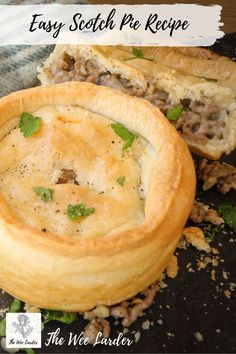 a close up of a pie on a plate with the words easy scottish pre - recipe