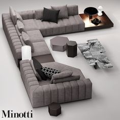 a modern living room with grey couches and coffee table in the center, on white background