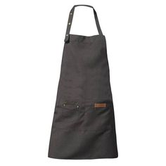 a gray apron on a white background with a brown leather tag in the pocket and two black handles