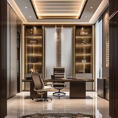 an office with a marble floor and built - in shelving units, along with a glass table