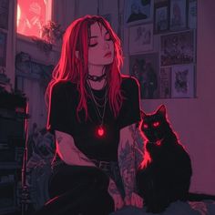 a woman with red hair sitting on a bed next to a black cat and looking at the camera