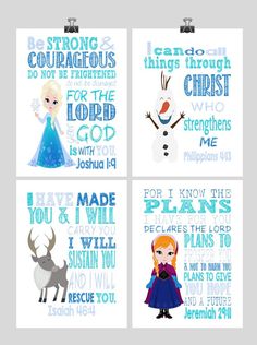 four frozen princess posters with the names of each character in blue and white on them