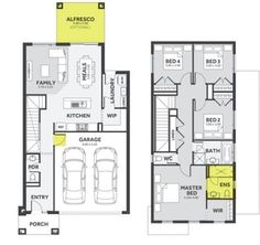 two story house plans with garage and living room in the middle, one bedroom on each floor