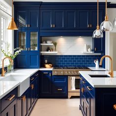 A kitchen design featuring bold, deep blue cabinets paired with contrasting white countertops and gold hardware, creating a striking and unique style that reflects a vibrant personality. Sapphire Blue Kitchen Cabinets, Sapphire Blue Kitchen, Dark Blue And White Kitchen, Color Cabinets Kitchen, Color Cabinets, Blue Kitchen Cabinets, Kitchen Design Modern, Improve Indoor Air Quality