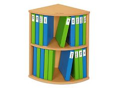 three tiered bookcase with blue and green books on each shelf in front of a white background