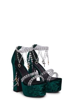 Sugar Thrillz Velvet Platform Beaded Heels - Green – Dolls Kill Ten Inch Heels, Platform Green Heels, Chunky Platform High Heels, Slytherin Heels, Emerald Quinceanera, Holy Revelation Platform Heels, Green Platform Heels, Fairy Heels, Beaded Heels