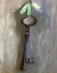 a painting of a key with a green light on it