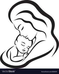 a black and white drawing of a woman holding a baby in her arms, with the word