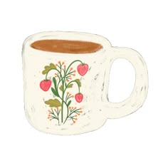 a drawing of a coffee cup with strawberries on it