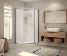 a bathroom with a stand up shower next to a sink