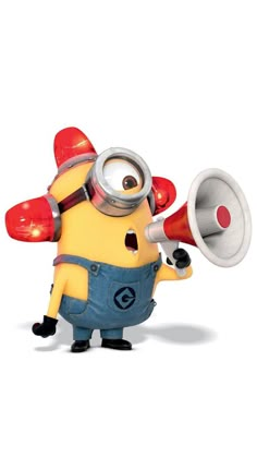 a minion holding a megaphone in his hand and wearing overalls, standing next to a white background