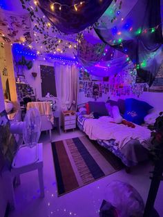 a bedroom with purple lights on the ceiling