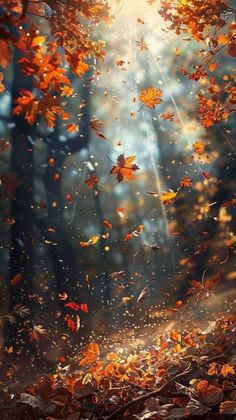 an image of fall leaves falling in the air with sunlight streaming through them and shining down