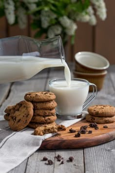 chocolate chip cookies and milk on a wooden table