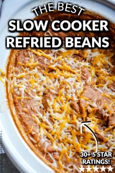 the best slow cooker refried beans recipe is in this round white casserole dish