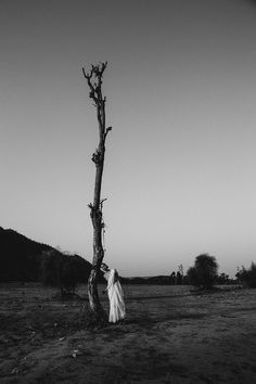 a woman standing next to a tree in the middle of a field with no leaves on it