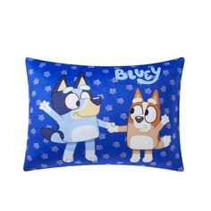 a blue pillow with two cartoon dogs on it and the words buy printed on it