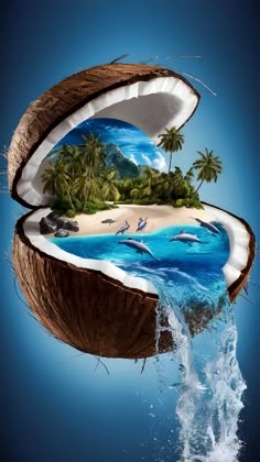 an open coconut shell with dolphins swimming in the ocean and palm trees on it's side