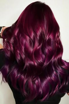 Reverse Red Balayage Hair, Burgundy With Purple Highlights, Burgundy And Violet Hair, Eggplant Plum Hair Color, Magenta Hair Makeup, All Over Purple Hair Color, Peekaboo Hair Color For Redheads, Fall Hair Fashion Colors, Dark Love Nails