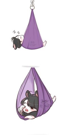 an animal in a purple hammock hanging from the ceiling, and another drawing