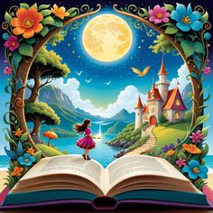 an open book with a girl standing in front of a castle on the beach under a full moon