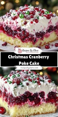 christmas cranberry poke cake with white frosting and cherries on the top