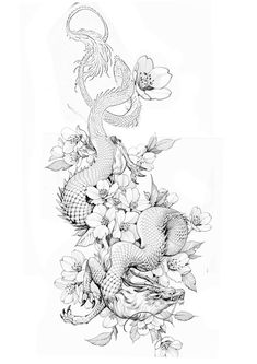 an ink drawing of a dragon and flowers