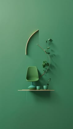 a green chair sitting on top of a wooden shelf next to a potted plant