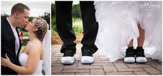 a bride and groom kissing in front of their feet