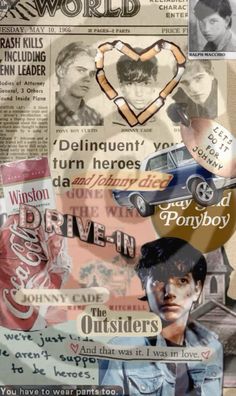 the collage is made up of many different images and words, including an image of a man's face