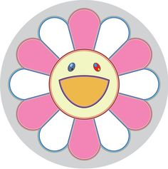 a pink flower with a smiley face drawn on it's center and surrounded by smaller circles