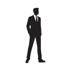 a black and white silhouette of a man in a suit with his hands in his pockets