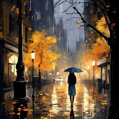 a painting of a person walking in the rain with an umbrella