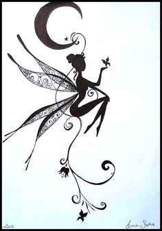 a black and white drawing of a fairy holding a star