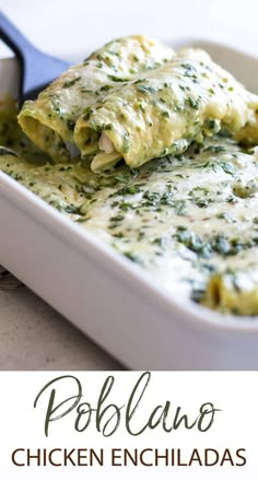 A pan of enchiladas with two being lifted out. Poblano Chicken Enchiladas, Creamy Poblano Chicken, Poblano Recipes, Poblano Chicken, Poblano Peppers Recipes, Poblano Sauce, Mexican Dish, Mexican Cooking, Enchilada Recipes