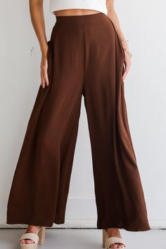 Women's Brown Wide Leg Pants Brown High Waist Relaxed Fit Bottoms, Chic Wide-leg Pants, High Waist Wide Leg Pants For Fall Loungewear, Brown Stretch Wide Leg Dress Pants, Chic Solid Color Bottoms For Day Out, Chic Wide Leg High Waist Pants With Elastic Waistband, Brown Stretch Ankle-length Wide Leg Pants, Chic High Waist Wide Leg Pants With Elastic Waistband, Brown Wide Leg Bottoms For Spring