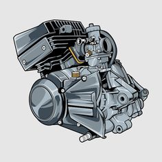 a drawing of an engine on a gray background with clippings to the side