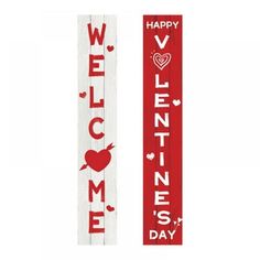 two red and white wooden signs with the words happy valentine's day