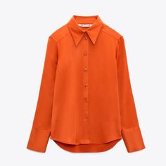 New Without Tags. Orange Satin, Zara Shirt, Clothing Details, Satin Shirt, Loose Outfit, Turndown Collar, Straight Skirt, Zara Woman, Knit Shirt