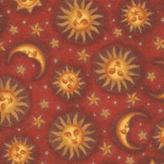 the sun and moon are depicted in this red background with gold stars and crescents