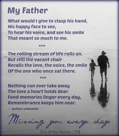 a father and his son walking on the beach with an inspirational poem written in blue ink