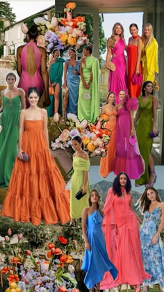 a collage of women in dresses and flowers