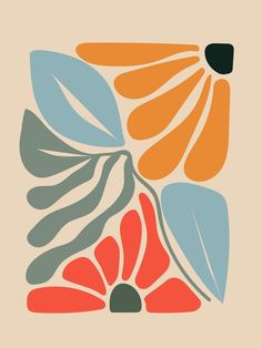 an abstract floral design in shades of orange, blue, and green on a beige background