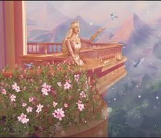 a painting of a woman sitting on top of a balcony next to flowers and birds