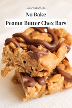 no bake peanut butter chex bars stacked on top of each other