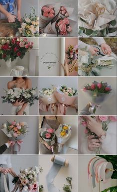 a collage of photos with flowers and ribbons